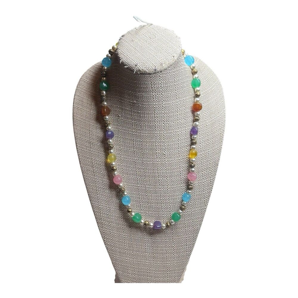 Park Lane Multicolor Glass Beaded Gold Tone Floral Faux Pearl Long Necklace